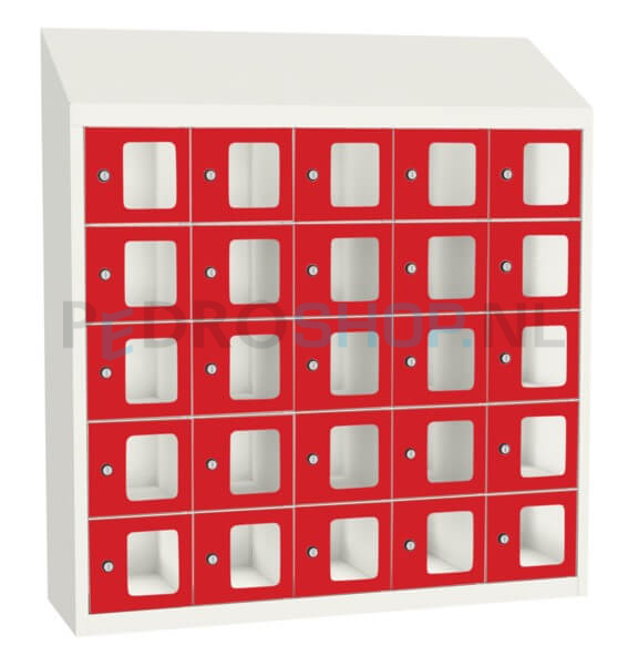 SQ Classic kantine locker, 5-koloms, 25-deurs, transparant venster, rood